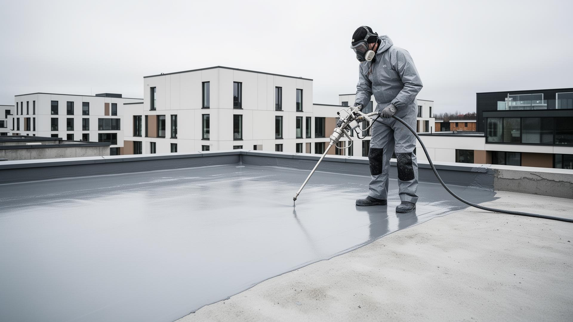 Professionel applikator påfører grå ElaProof PRO S flydende membran på fladt tag med airless-sprøjte