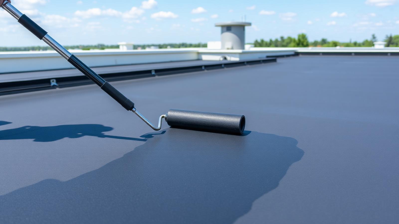 Flydende tagmembran påføres med rulle på fladt tag — illustration af Kelax 945 hybridmembran