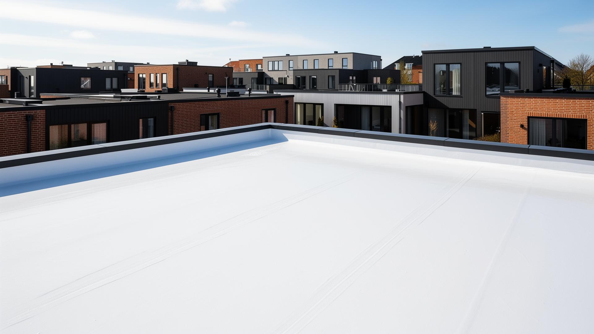 Fladt tag i hvid Luna Roof tagmembran på dansk byejendom — sømløs og vandtæt overflade