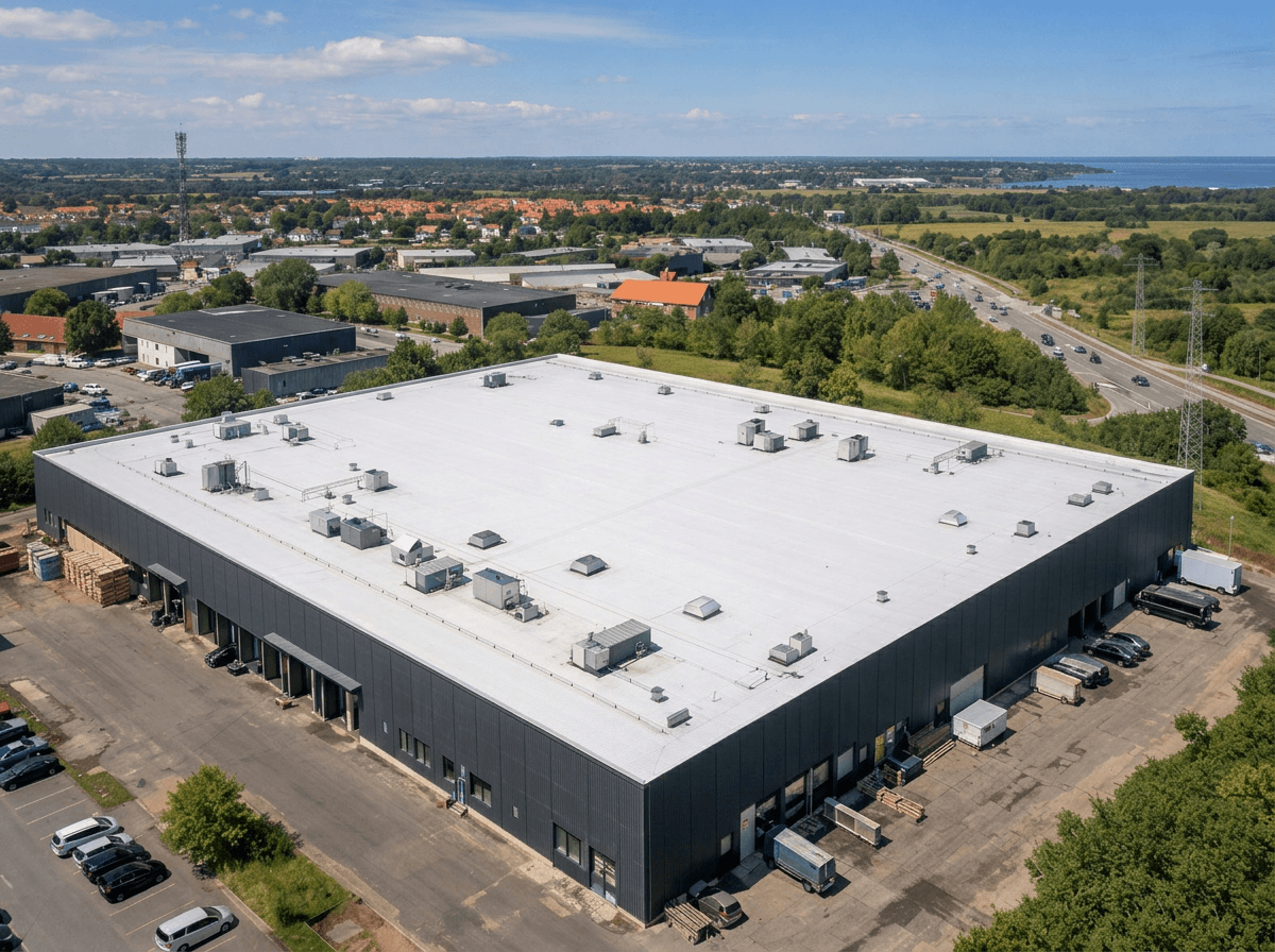 Flydende tagmembran påført et fladt tag – sømløs, hvid overflade