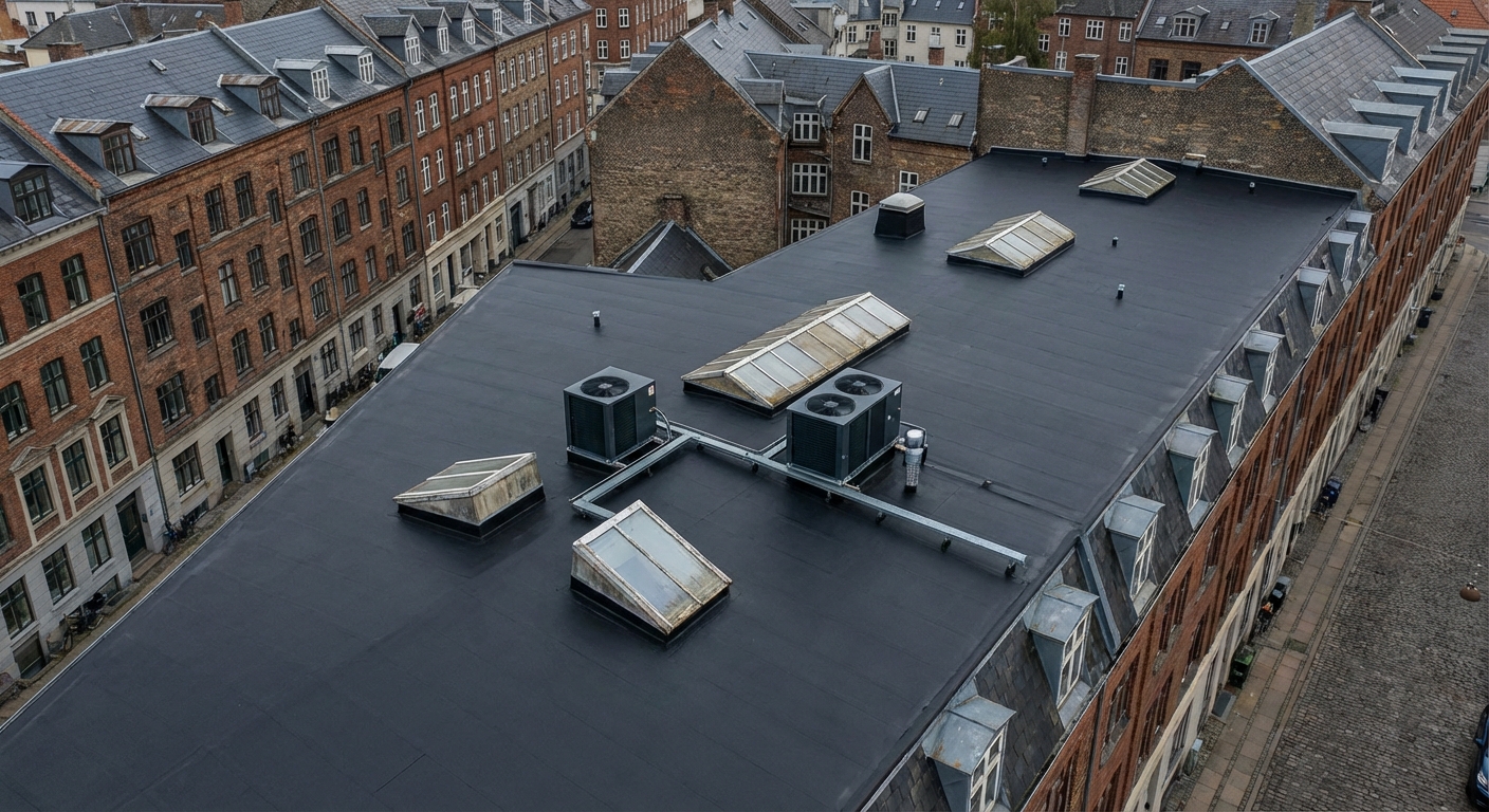 Industritag med sort flydende tagmembran, ovenlysvinduer og klimaanlæg i dansk by – dronefoto